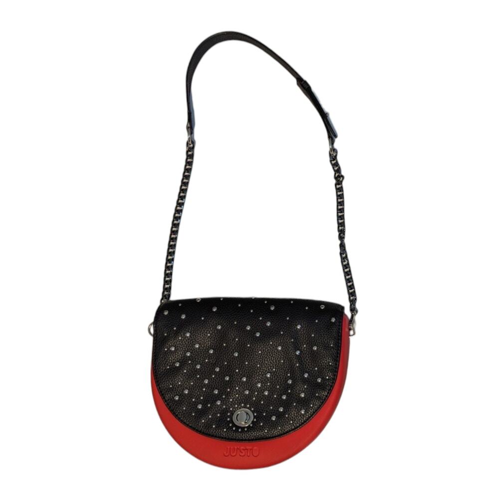 Ju'sto J-Hoop Studded Shoulder Bag Red Black Rubber Chunky Statement Purse Tote